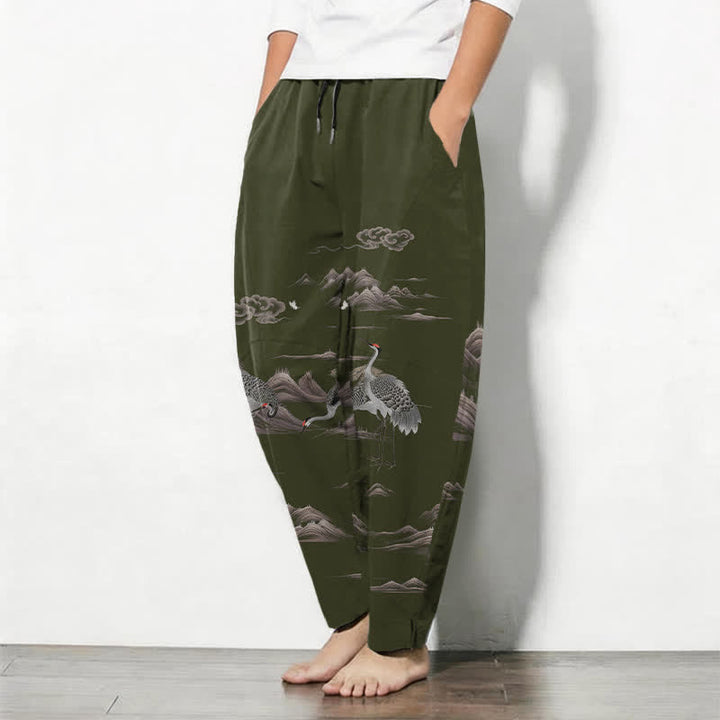Buddha Stones Pantaloni da uomo affusolati con coulisse e tasche, in puro cotone, con motivo gru, nuvole e montagne. - image 12