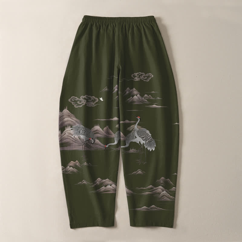 Buddha Stones Pantaloni da uomo affusolati con coulisse e tasche, in puro cotone, con motivo gru, nuvole e montagne. - image 14