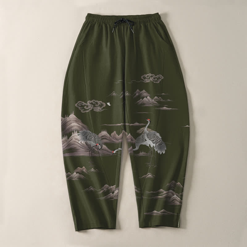 Buddha Stones Pantaloni da uomo affusolati con coulisse e tasche, in puro cotone, con motivo gru, nuvole e montagne. - image 13