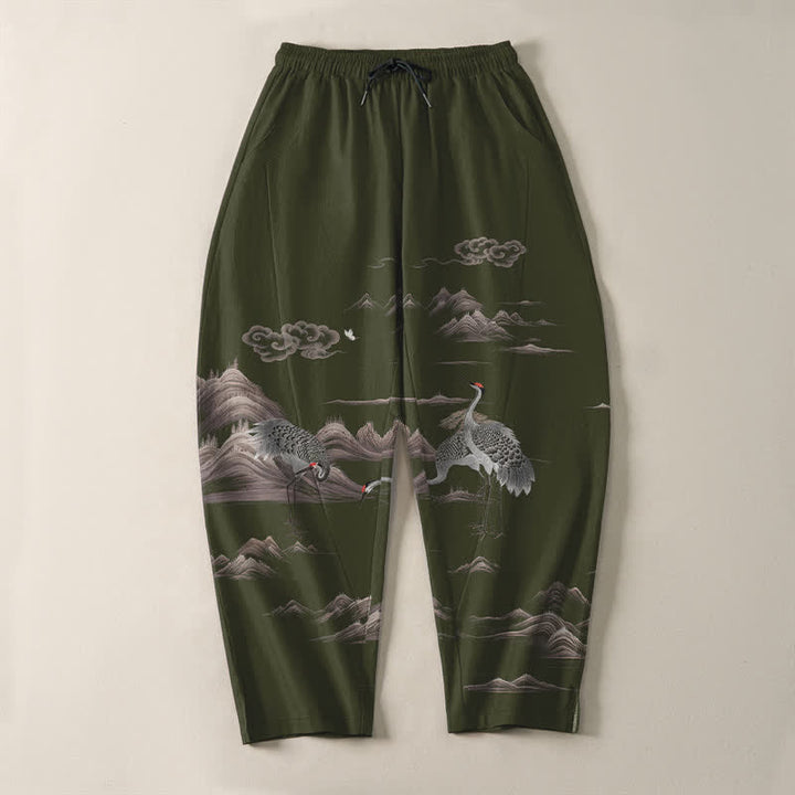 Buddha Stones Pantaloni da uomo affusolati con coulisse e tasche, in puro cotone, con motivo gru, nuvole e montagne. - image 13