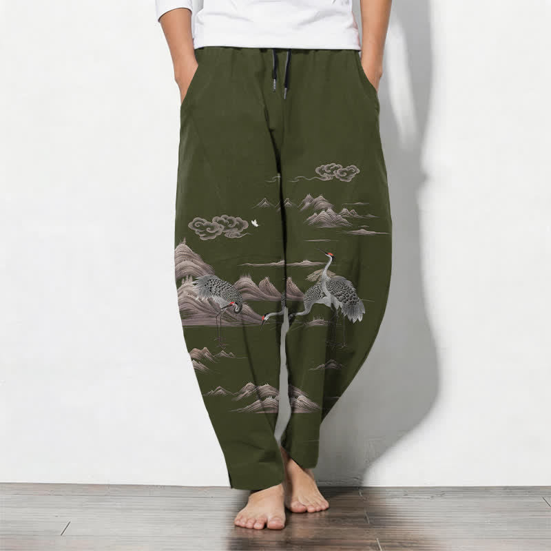 Buddha Stones Pantaloni da uomo affusolati con coulisse e tasche, in puro cotone, con motivo gru, nuvole e montagne. - Verde oliva scuro - US/UK/AU50, EU60 (5XL) - image 11