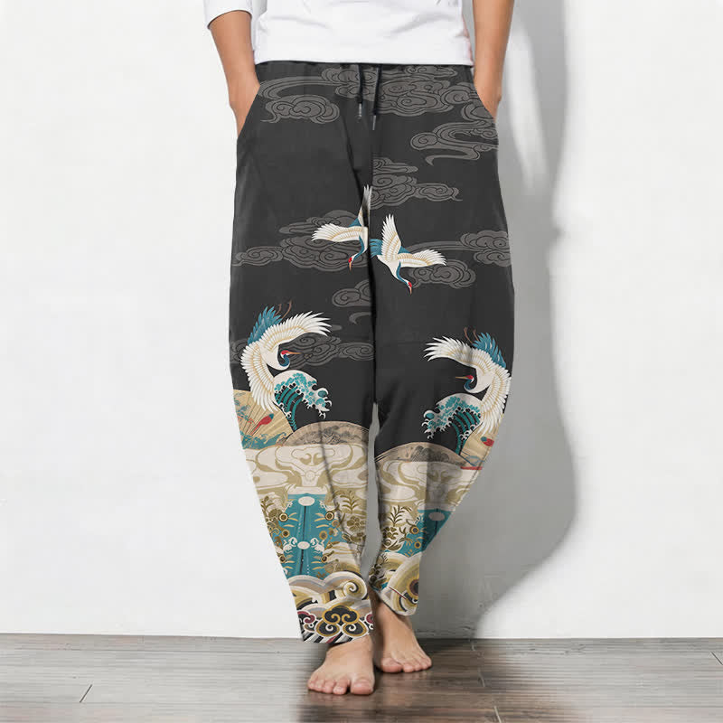 Buddha Stones Pantaloni da uomo affusolati con coulisse e tasche, in puro cotone, con motivo a onde e nuvole, stampa gru. - Grigio tenue - US/UK/AU50, EU60 (5XL) - image 7