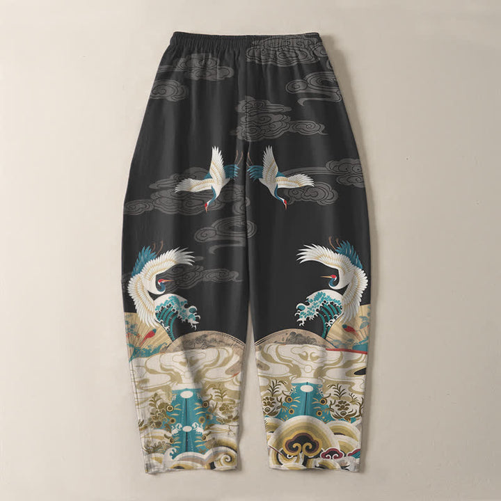 Buddha Stones Pantaloni da uomo affusolati con coulisse e tasche, in puro cotone, con motivo a onde e nuvole, stampa gru. - image 10