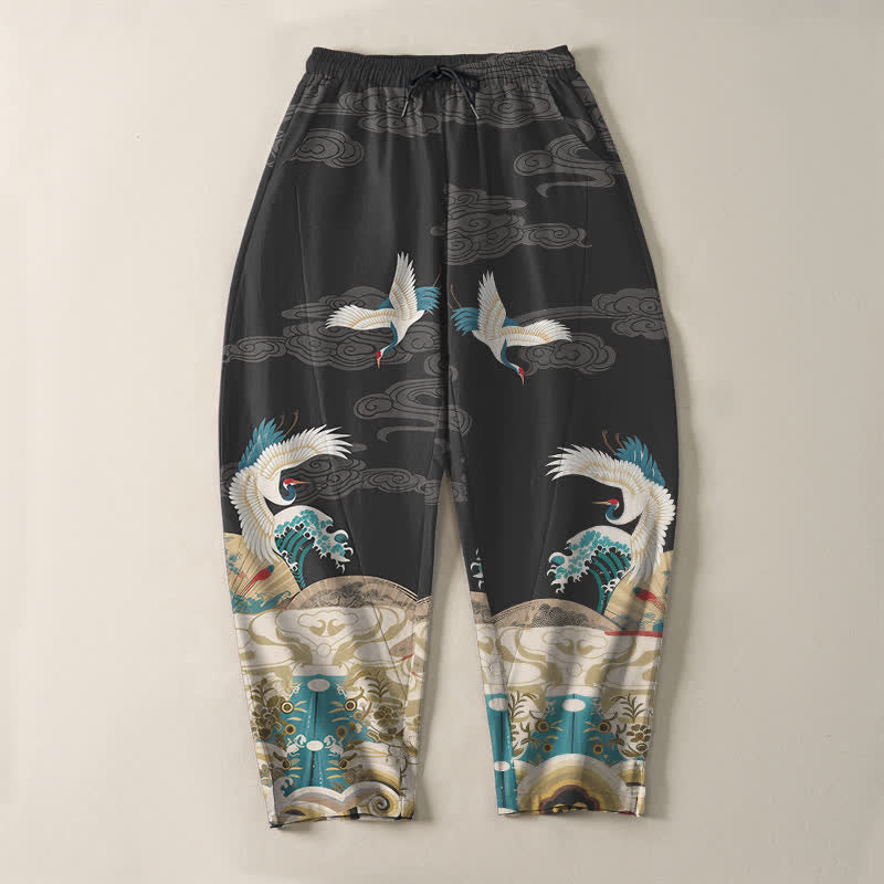 Buddha Stones Pantaloni da uomo affusolati con coulisse e tasche, in puro cotone, con motivo a onde e nuvole, stampa gru. - image 9