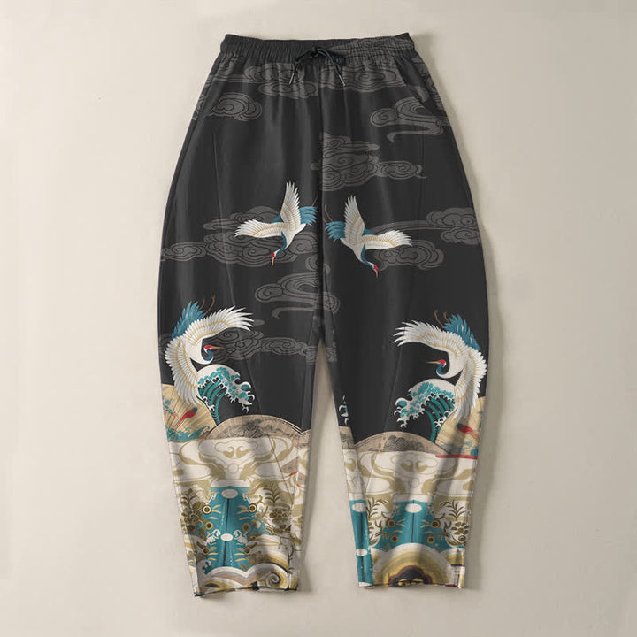 Buddha Stones Pantaloni da uomo affusolati con coulisse e tasche, in puro cotone, con motivo a onde e nuvole, stampa gru. - image 9