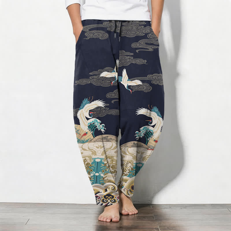 Buddha Stones Pantaloni da uomo affusolati con coulisse e tasche, in puro cotone, con motivo a onde e nuvole, stampa gru. - Marina - US/UK/AU50, EU60 (5XL) - image 0