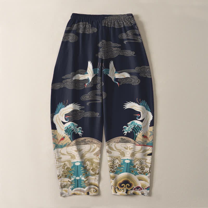 Buddha Stones Pantaloni da uomo affusolati con coulisse e tasche, in puro cotone, con motivo a onde e nuvole, stampa gru. - image 3