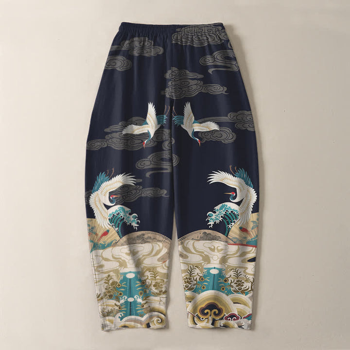 Buddha Stones Pantaloni da uomo affusolati con coulisse e tasche, in puro cotone, con motivo a onde e nuvole, stampa gru. - image 3