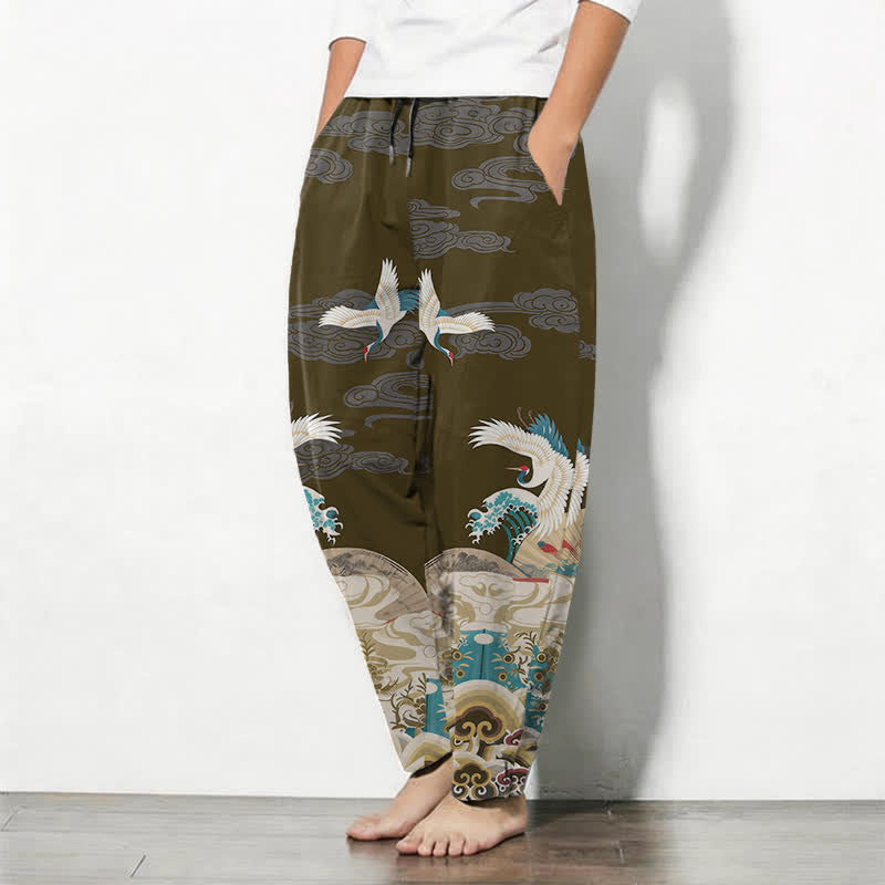 Buddha Stones Pantaloni da uomo affusolati con coulisse e tasche, in puro cotone, con motivo a onde e nuvole, stampa gru. - image 12