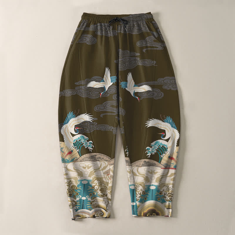 Buddha Stones Pantaloni da uomo affusolati con coulisse e tasche, in puro cotone, con motivo a onde e nuvole, stampa gru. - image 13