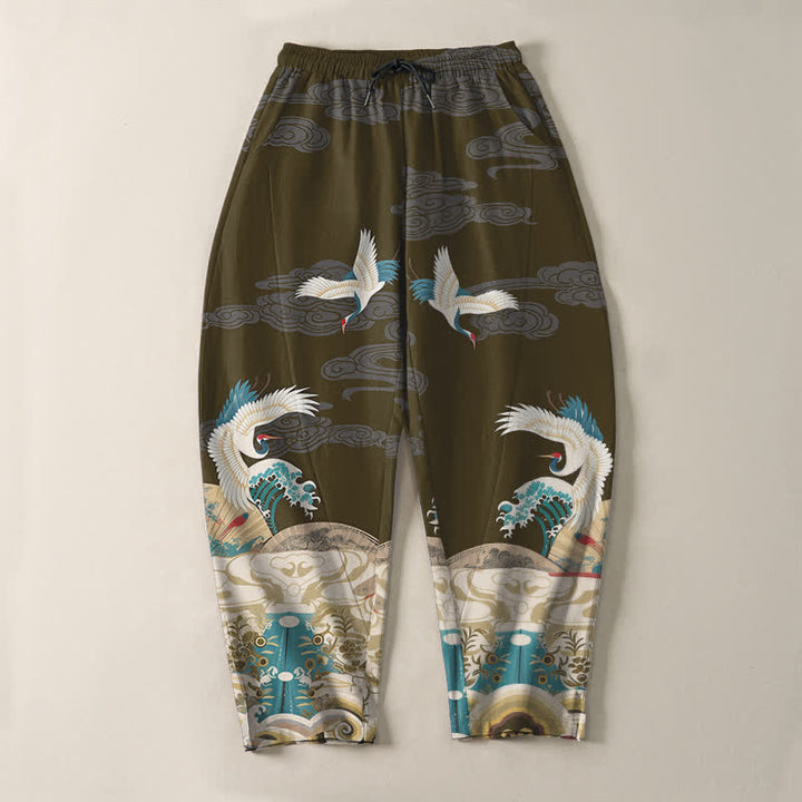 Buddha Stones Pantaloni da uomo affusolati con coulisse e tasche, in puro cotone, con motivo a onde e nuvole, stampa gru. - image 13