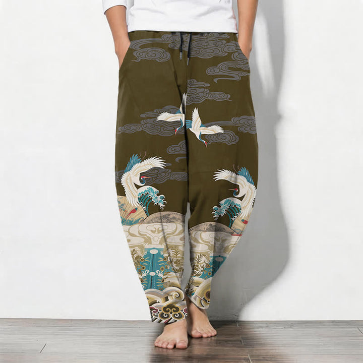 Buddha Stones Pantaloni da uomo affusolati con coulisse e tasche, in puro cotone, con motivo a onde e nuvole, stampa gru. - Oliva - US/UK/AU50, EU60 (5XL) - image 11