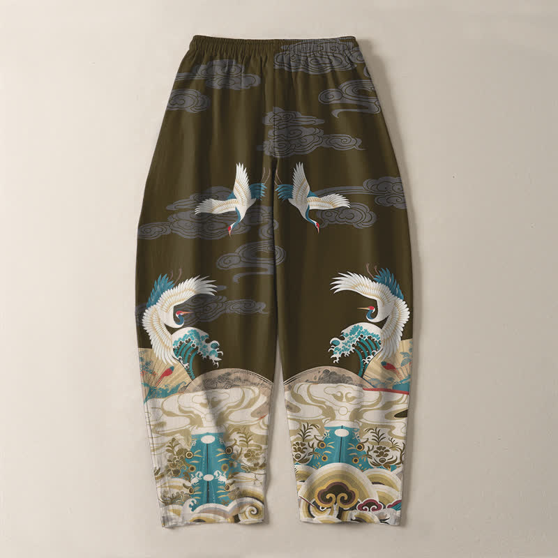 Buddha Stones Pantaloni da uomo affusolati con coulisse e tasche, in puro cotone, con motivo a onde e nuvole, stampa gru. - image 14