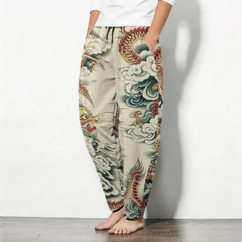Buddha Stones Pantaloni da uomo affusolati con coulisse e tasche, in puro cotone, con fantasia "Nuvola Drago". - image 1