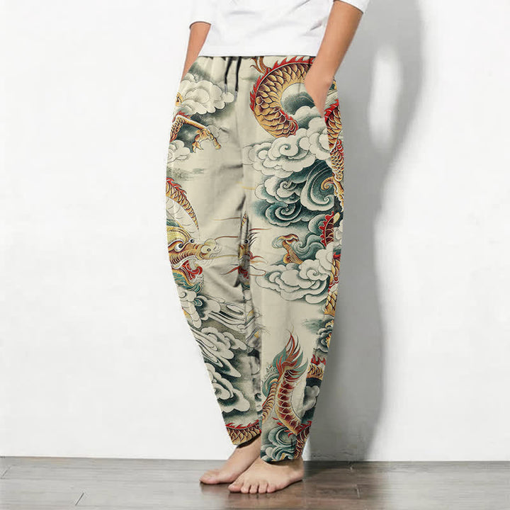Buddha Stones Pantaloni da uomo affusolati con coulisse e tasche, in puro cotone, con fantasia "Nuvola Drago". - image 1
