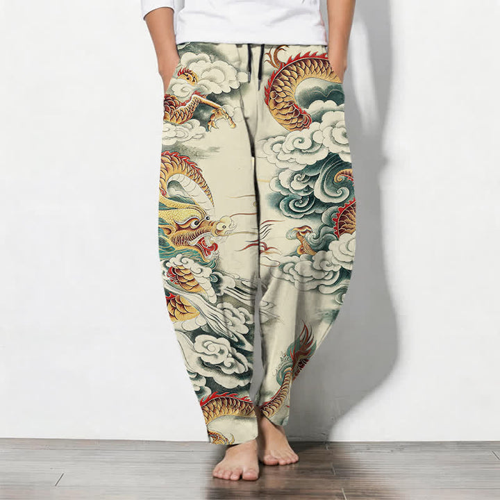 Buddha Stones Pantaloni da uomo affusolati con coulisse e tasche, in puro cotone, con fantasia "Nuvola Drago". - Beige - US/UK/AU50, EU60 (5XL) - image 0