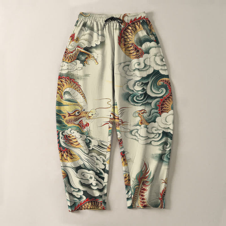 Buddha Stones Pantaloni da uomo affusolati con coulisse e tasche, in puro cotone, con fantasia "Nuvola Drago". - image 2