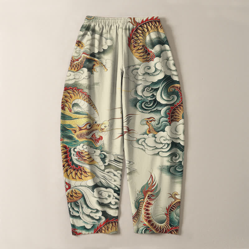 Buddha Stones Pantaloni da uomo affusolati con coulisse e tasche, in puro cotone, con fantasia "Nuvola Drago". - image 3