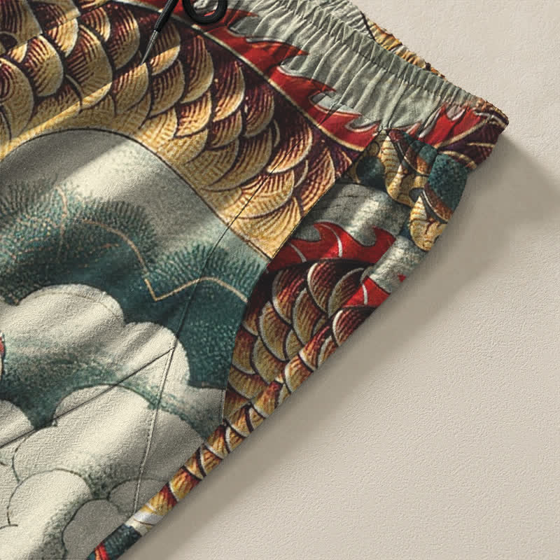 Buddha Stones Pantaloni da uomo affusolati con coulisse e tasche, in puro cotone, con fantasia "Nuvola Drago". - image 4