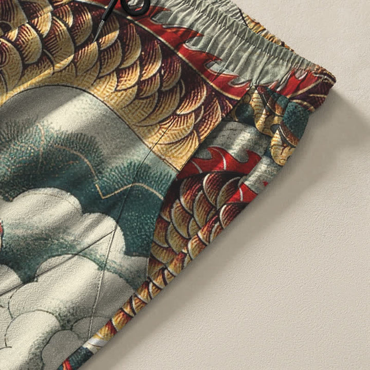 Buddha Stones Pantaloni da uomo affusolati con coulisse e tasche, in puro cotone, con fantasia "Nuvola Drago". - image 4