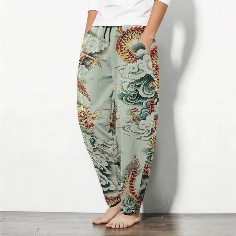 Buddha Stones Pantaloni da uomo affusolati con coulisse e tasche, in puro cotone, con fantasia "Nuvola Drago". - image 8