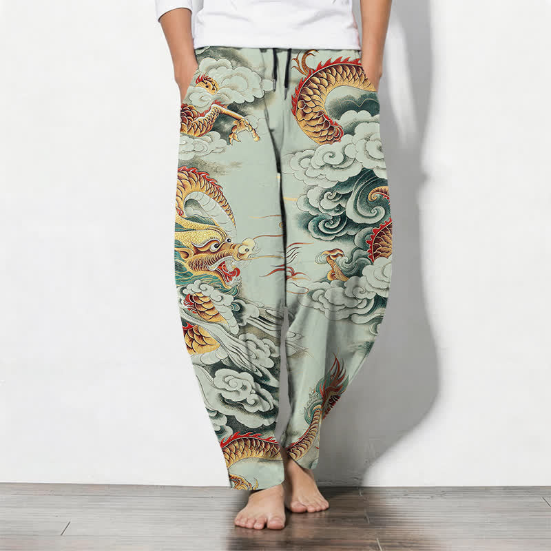 Buddha Stones Pantaloni da uomo affusolati con coulisse e tasche, in puro cotone, con fantasia "Nuvola Drago". - Verde pallido - US/UK/AU50, EU60 (5XL) - image 7