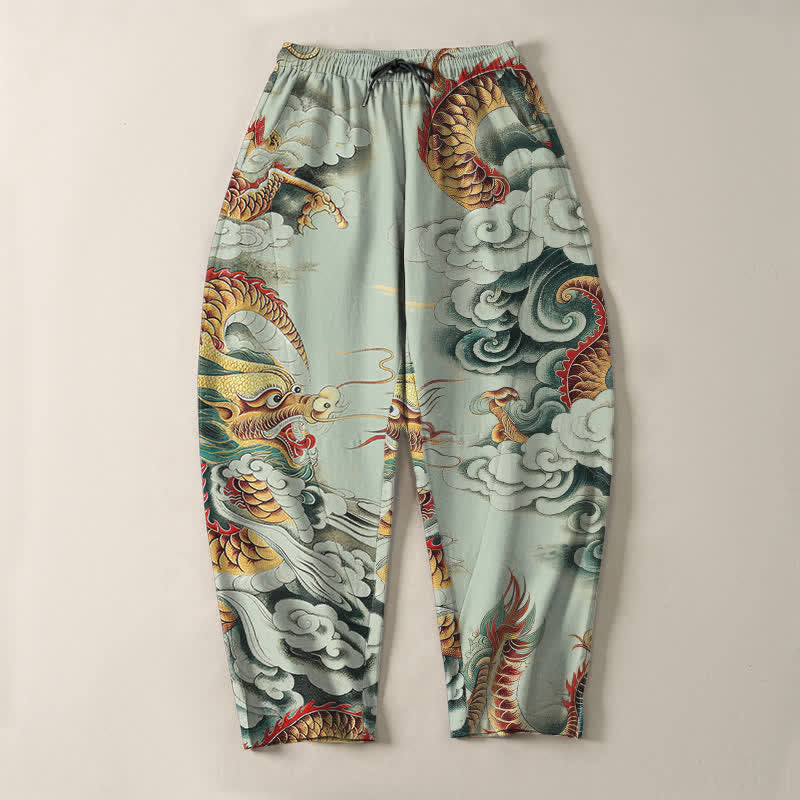 Buddha Stones Pantaloni da uomo affusolati con coulisse e tasche, in puro cotone, con fantasia "Nuvola Drago". - image 9