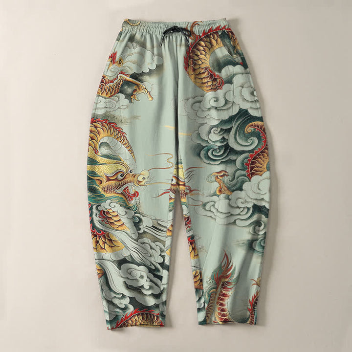 Buddha Stones Pantaloni da uomo affusolati con coulisse e tasche, in puro cotone, con fantasia "Nuvola Drago". - image 9