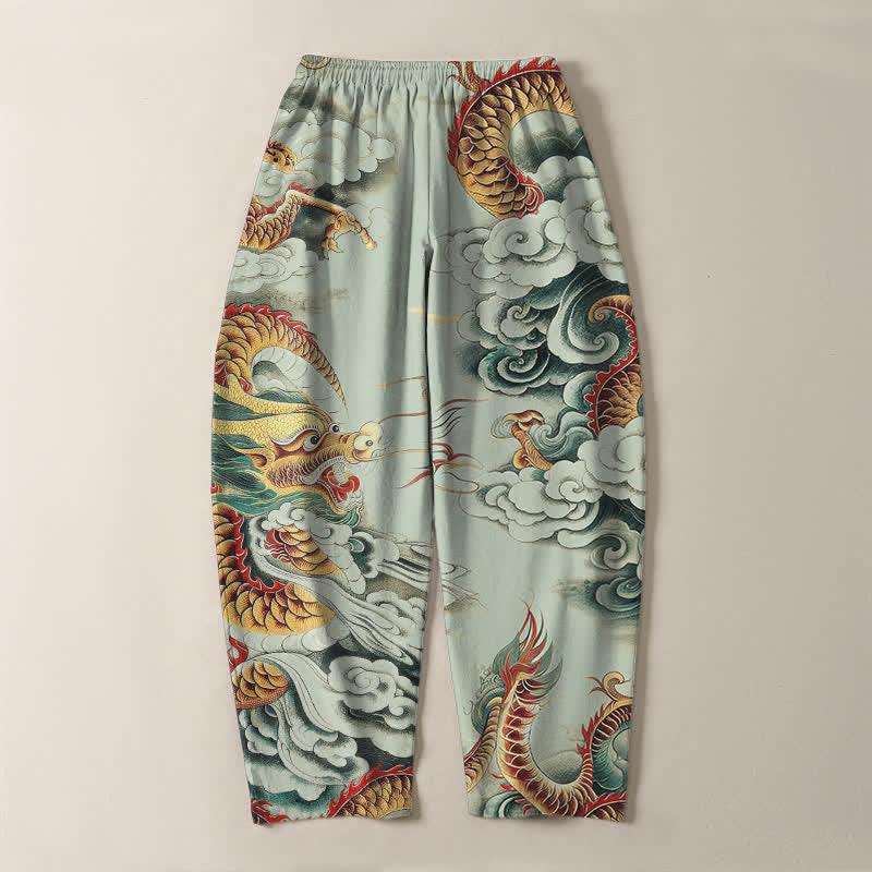 Buddha Stones Pantaloni da uomo affusolati con coulisse e tasche, in puro cotone, con fantasia "Nuvola Drago". - image 10