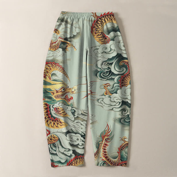 Buddha Stones Pantaloni da uomo affusolati con coulisse e tasche, in puro cotone, con fantasia "Nuvola Drago". - image 10