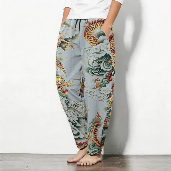 Buddha Stones Pantaloni da uomo affusolati con coulisse e tasche, in puro cotone, con fantasia "Nuvola Drago". - image 12