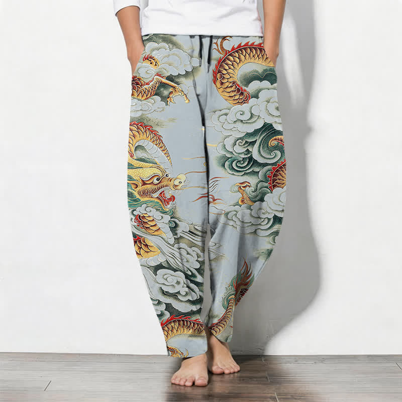 Buddha Stones Pantaloni da uomo affusolati con coulisse e tasche, in puro cotone, con fantasia "Nuvola Drago". - Azzurro polvere - US/UK/AU50, EU60 (5XL) - image 11