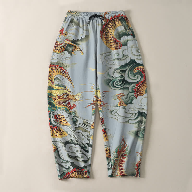 Buddha Stones Pantaloni da uomo affusolati con coulisse e tasche, in puro cotone, con fantasia "Nuvola Drago". - image 13