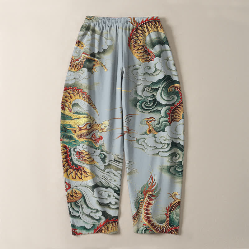 Buddha Stones Pantaloni da uomo affusolati con coulisse e tasche, in puro cotone, con fantasia "Nuvola Drago". - image 14