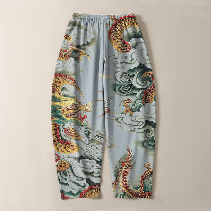 Buddha Stones Pantaloni da uomo affusolati con coulisse e tasche, in puro cotone, con fantasia "Nuvola Drago". - image 14