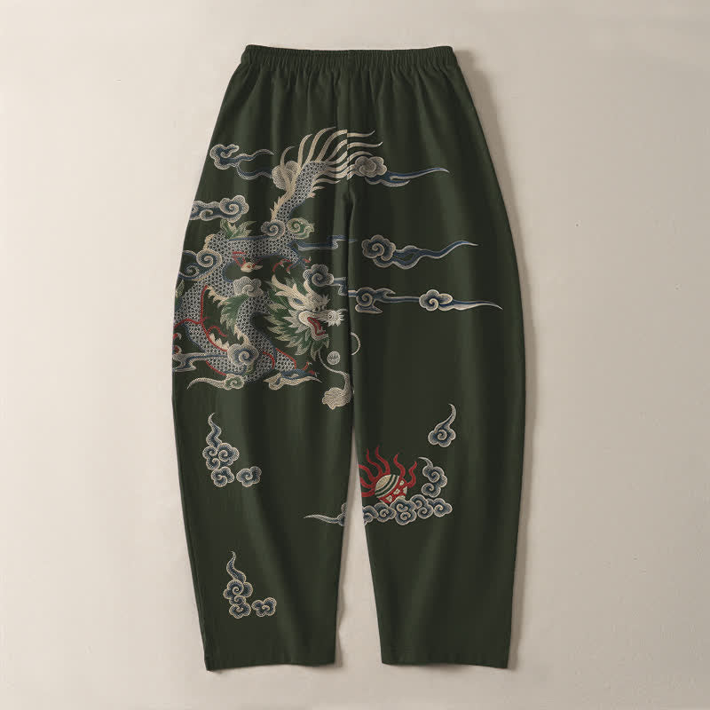 Buddha Stones Pantaloni da uomo affusolati con coulisse e tasche, in puro cotone, con motivo drago, nuvola e palla di fuoco. - image 10