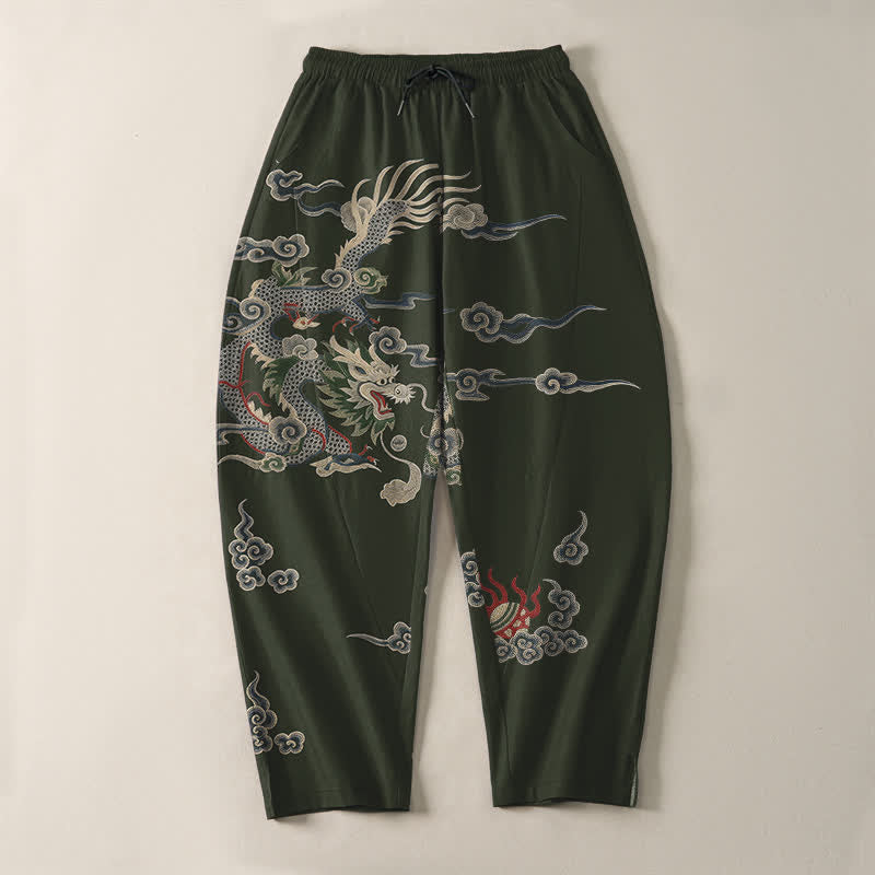 Buddha Stones Pantaloni da uomo affusolati con coulisse e tasche, in puro cotone, con motivo drago, nuvola e palla di fuoco. - image 9