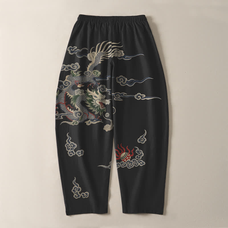 Buddha Stones Pantaloni da uomo affusolati con coulisse e tasche, in puro cotone, con motivo drago, nuvola e palla di fuoco. - image 14