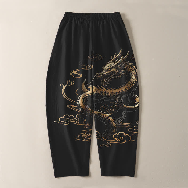 Buddha Stones Pantaloni da uomo affusolati con coulisse e tasche, in puro cotone, con motivo drago dorato e nuvole di buon auspicio. - image 3