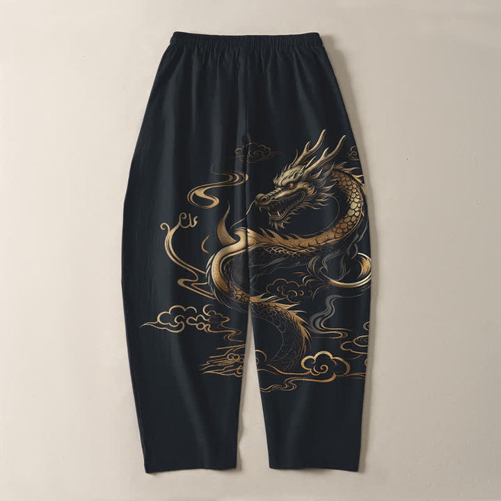 Buddha Stones Pantaloni da uomo affusolati con coulisse e tasche, in puro cotone, con motivo drago dorato e nuvole di buon auspicio. - image 10