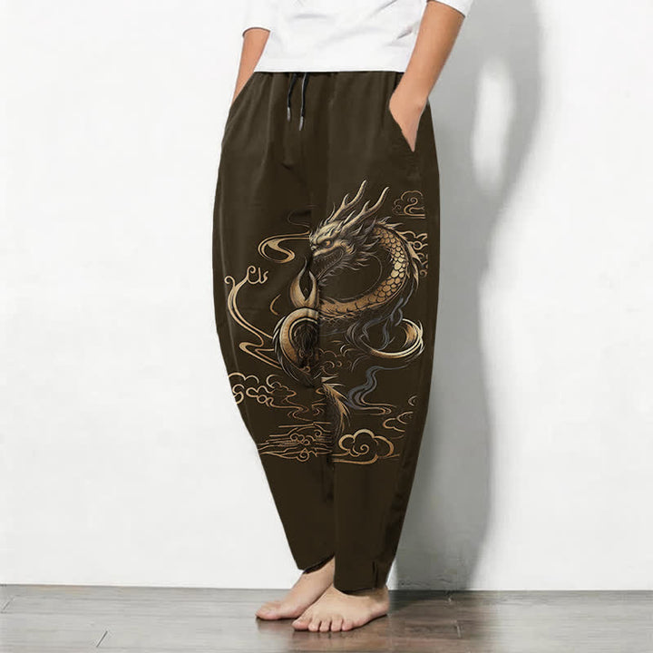 Buddha Stones Pantaloni da uomo affusolati con coulisse e tasche, in puro cotone, con motivo drago dorato e nuvole di buon auspicio. - image 12