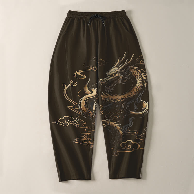 Buddha Stones Pantaloni da uomo affusolati con coulisse e tasche, in puro cotone, con motivo drago dorato e nuvole di buon auspicio. - image 13