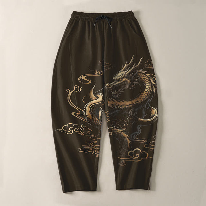 Buddha Stones Pantaloni da uomo affusolati con coulisse e tasche, in puro cotone, con motivo drago dorato e nuvole di buon auspicio. - image 13