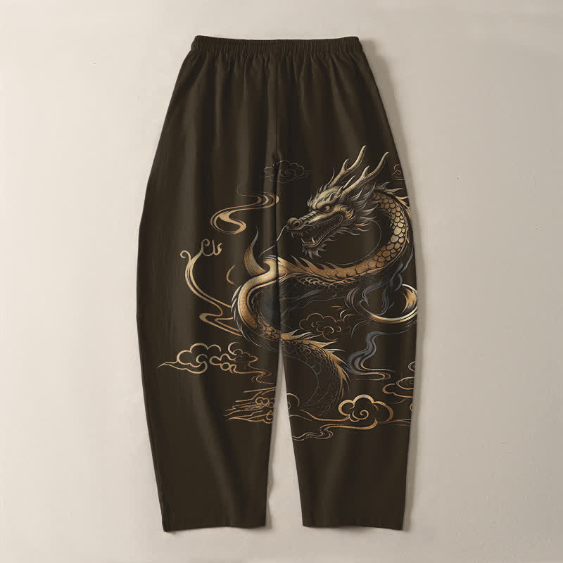 Buddha Stones Pantaloni da uomo affusolati con coulisse e tasche, in puro cotone, con motivo drago dorato e nuvole di buon auspicio. - image 14