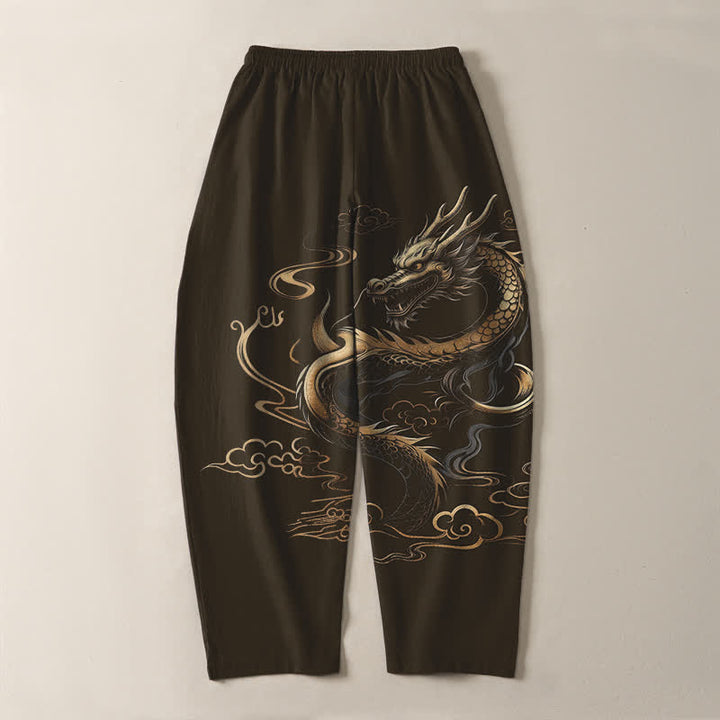 Buddha Stones Pantaloni da uomo affusolati con coulisse e tasche, in puro cotone, con motivo drago dorato e nuvole di buon auspicio. - image 14