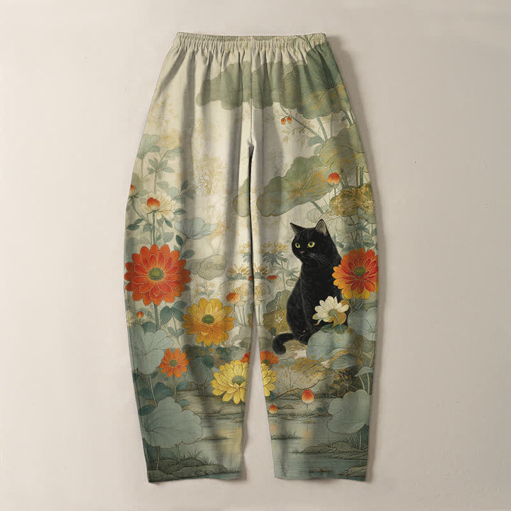 Buddha Stones Pantaloni da uomo affusolati in puro cotone con motivo floreale e gatto nero orientale, con coulisse e tasche. - image 3