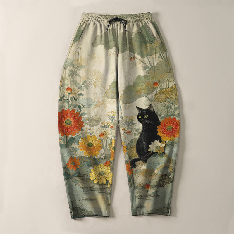 Buddha Stones Pantaloni da uomo affusolati in puro cotone con motivo floreale e gatto nero orientale, con coulisse e tasche. - image 2