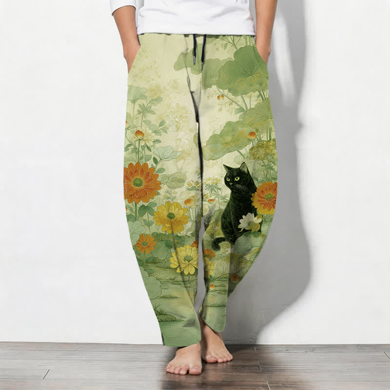 Buddha Stones Pantaloni da uomo affusolati in puro cotone con motivo floreale e gatto nero orientale, con coulisse e tasche. - Verde Giallo - US/UK/AU50, EU60 (5XL) - image 7