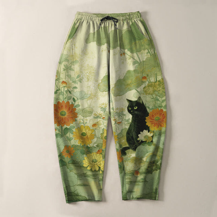 Buddha Stones Pantaloni da uomo affusolati in puro cotone con motivo floreale e gatto nero orientale, con coulisse e tasche. - image 9