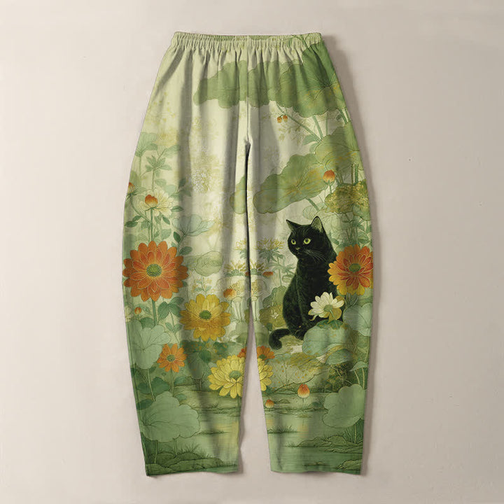 Buddha Stones Pantaloni da uomo affusolati in puro cotone con motivo floreale e gatto nero orientale, con coulisse e tasche. - image 10